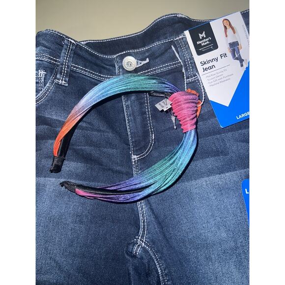 Members Mark Skinny Fit Jean Mid Rise Girls Size L(10/12) With Hair Band - Picture 2 of 5